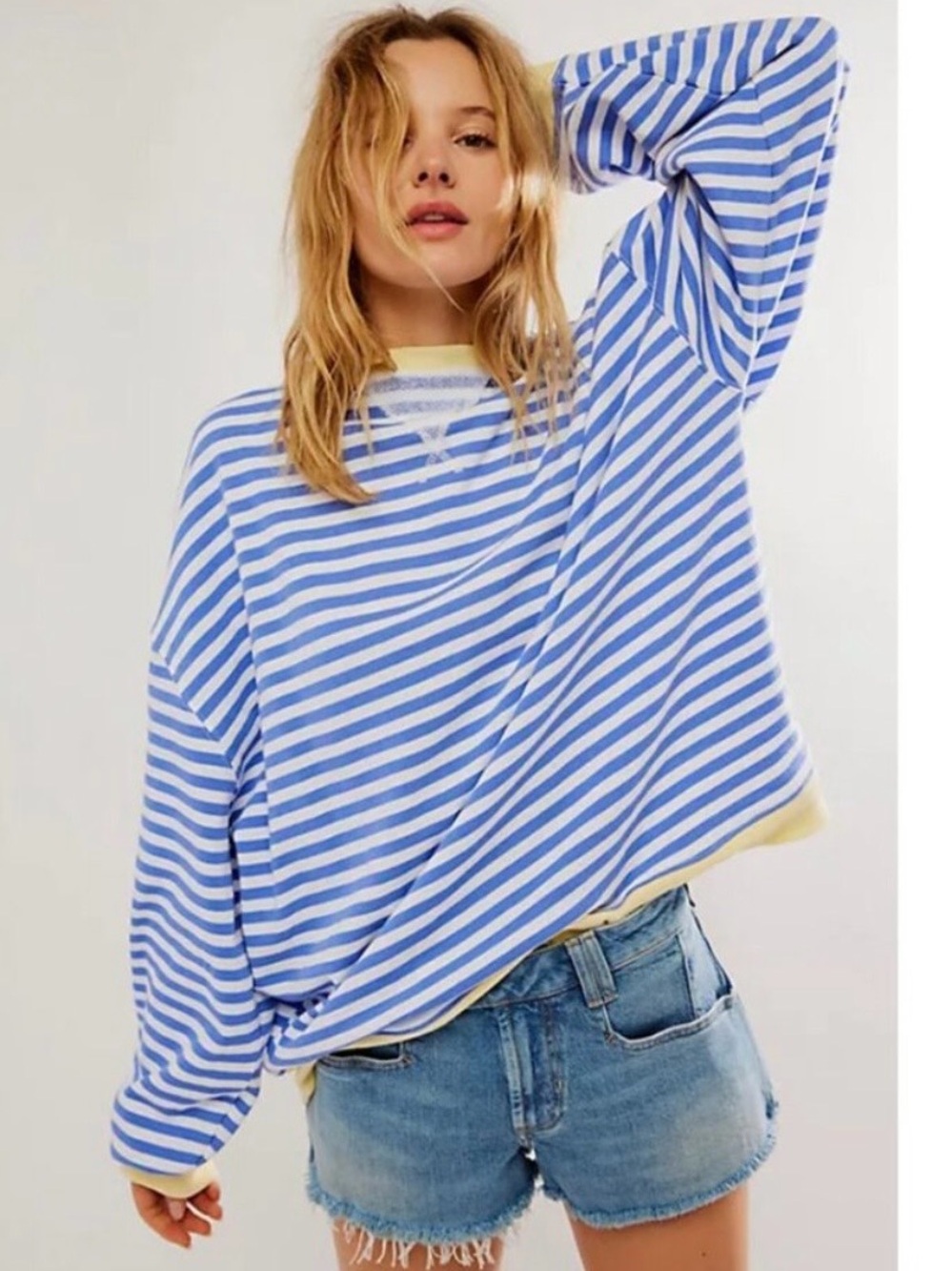 We The Free Classic Striped Blue and White Stripe Oversized Crewneck